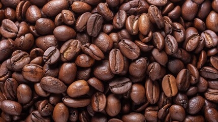 Obraz premium Roasted coffee beans filling the frame, creating a rich brown texture and background