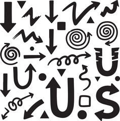 Variety of abstract black arrow shapes and designs on transparent background silhouette