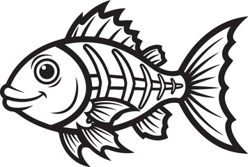 Detailed black and white fish illustration with bones on transparent background silhouette