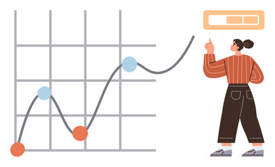 Woman standing near a line graph with data points, analyzing upward trends and progress. Ideal for data analysis, business strategy, goal tracking, education, planning, growth and progress. Flat