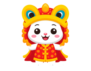 An adorable baby bear with a cute smile wears a red scarf, holding a Chinese New Year gift with a whimsical flower on a white isolated background, like a fun cartoon vector illustration