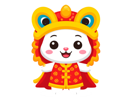 An adorable baby bear with a cute smile wears a red scarf, holding a Chinese New Year gift with a whimsical flower on a white isolated background, like a fun cartoon vector illustration - Powered by Adobe