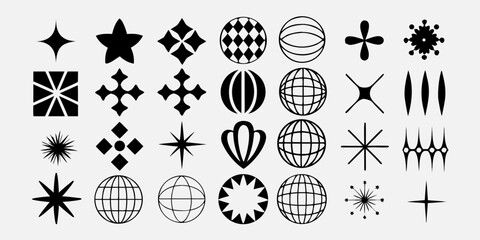 Collection of black geometric abstract shapes and symbols on a white background