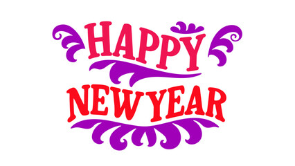 Happy new year typographic lettering with red and purple decorative flourishes