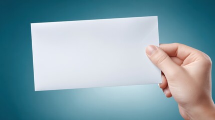 Fototapeta premium Person holds white card in hand individual presents blank white card held by hand