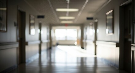 Obraz premium Blurred Indoor Perspective of Empty Hospital Hallway with Sunlight Shining Through