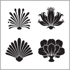 Four decorative floral elements in black ideal for design on transparent background silhouette