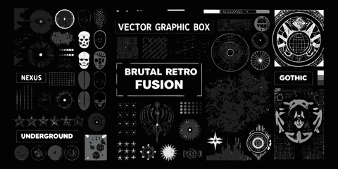Obraz premium Brutal retro fusion vector graphic elements collection with skulls and gothic designs
