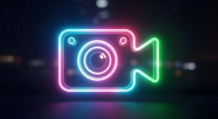 Neon sign of a video camera glowing with vibrant pink, blue, and green colors against a dark background.
