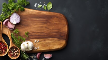 Cutting board knife herbs spoon arranged for cooking culinary tools ingredients prepare for kitchen work