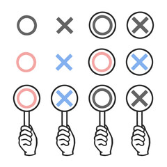 Circle and Cross Signs with Hands Holding Panels — Correct and Wrong Symbol Vector Set on Transparent Background