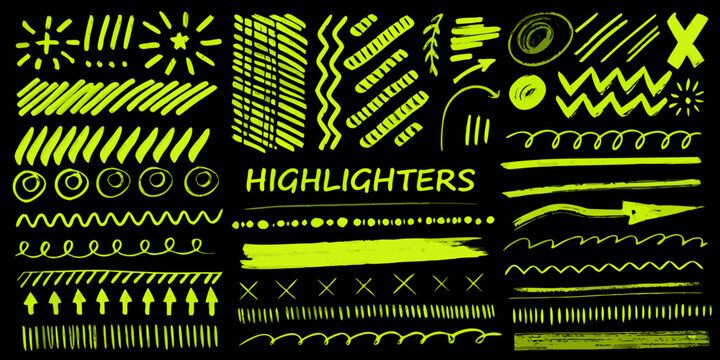 Collection of bright yellow highlighter pen strokes and doodles on a black background