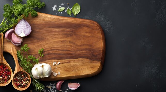 Cutting board knife herbs spoon arranged for cooking culinary tools ingredients prepare for kitchen work