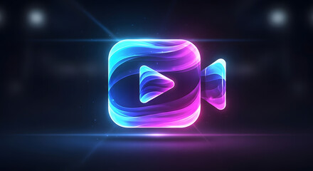 Vibrant neon video camera and play button icon with glowing blue and pink abstract waves on a dark, futuristic background.
