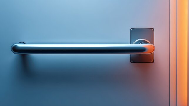 Blue door features a prominent door handle close up shows handle on textured blue door surface