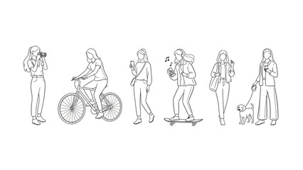 Line Art Illustration of Modern Women Engaging in Everyday Activities