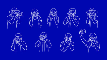 Group of photographers taking photos in continuous line drawing style