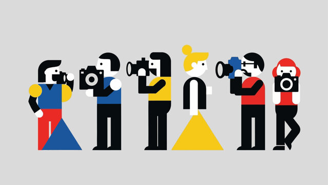 Diverse Group of Photographers with Cameras in Geometric Style