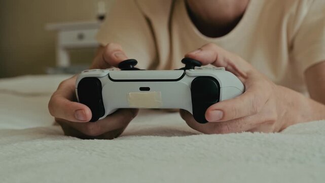 Close up shot of female hands holding video game joystick on minimal background. Front view