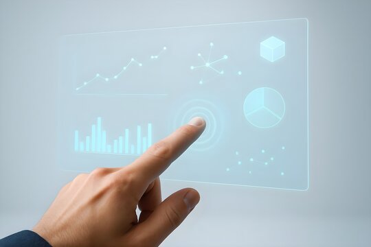 Human hand interacts with a futuristic holographic display showing business data and analytics visualizations.