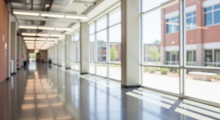 Blurred Modern Building Interior Hallway with Abundant Natural Light Background