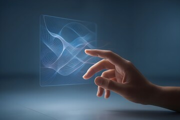 Human hand interacts with a futuristic glowing digital interface, symbolizing innovation and data visualization.