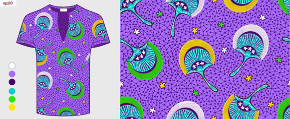 seamless African floral Hawaiian aloha fabric pattern mockup on an abstract geometric lines background. Ankara fabric printing concept. Fashion, clothing, and culture. Not AI.