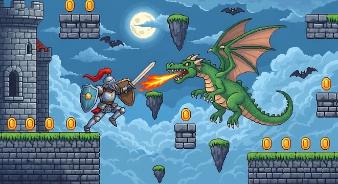 Brave knight fights dragon, pixel art adventure game