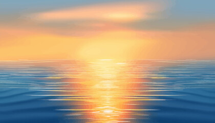 Obraz premium A tranquil ocean sunset with a brilliant golden sun reflecting across the calm blue water.