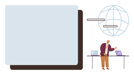 Fototapeta premium Businessperson standing by tables with laptops, gesturing at a screen. Globe with connections illustrates global communication. Ideal for teamwork, technology, networking, innovation, education