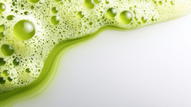 Green liquid flows on clean white background viscous green fluid creates interesting patterns on white