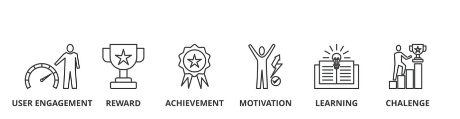 Gamification banner  vector illustration concept with icons of user engagement, reward, achievement, motivation, learning, challenge