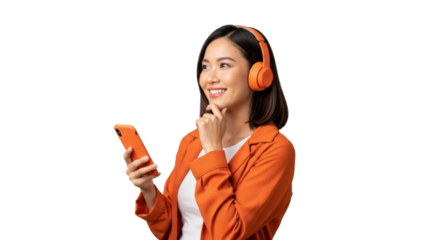 Smiling woman with headphones holds phone, lost in thought, imagining possibilities, connecting with joy, and staying inspired all day long
