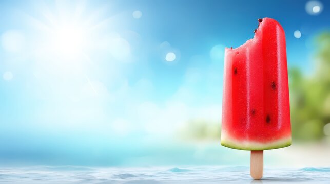 Watermelon pops on beach under bright sky juicy fruit explodes on sandy shore splashing - Powered by Adobe