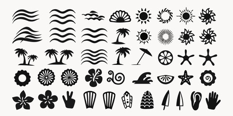 Collection of black silhouette icons representing summer vacation and beach themes including waves suns palm trees shells and flowers