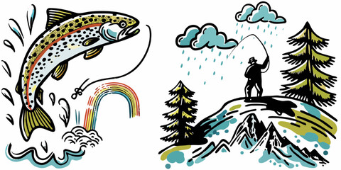 Artistic illustration of a jumping trout and a fly fisherman in a rainy mountain landscape