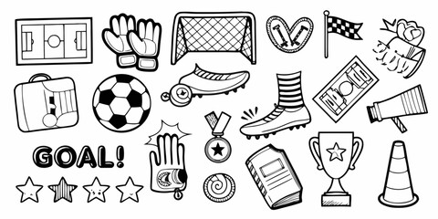 Collection of hand drawn soccer elements including a ball goal cleats trophy and field for sports design