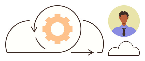 Rotating gear inside cloud with arrows indicating automation, profile avatar on side. Ideal for cloud computing, technology, data management, team collaboration, IT services, digital workspace