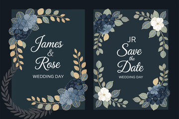 Navy Wedding Invitation Set – Elegant vector template featuring gold peonies, red berries, and green leaves. Perfect for modern rustic wedding invitations, RSVP, thank you cards, and event design.