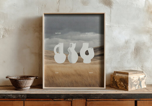 Rustic Framed Art On Wooden Shelf Mockup