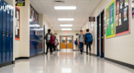 Abstract Blurry School Hallway with Students and Blue Lockers Background