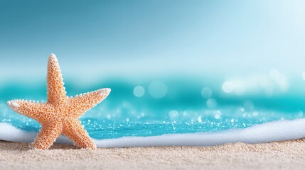 Starfish rests on sandy beach under blue sky ocean creature lies on sand by vast sea beneath clear expanse