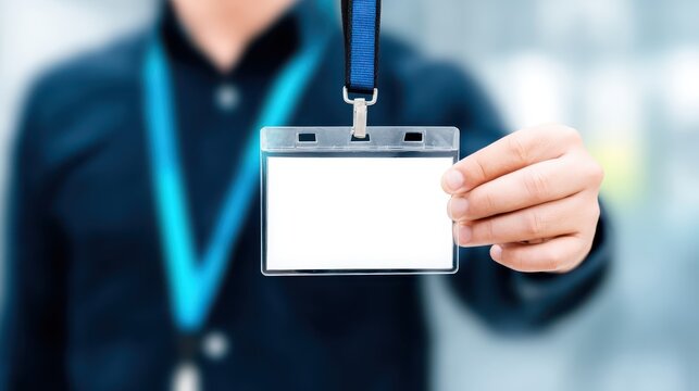 Person holds blank badge ready for identification badge awaits customization for identity or event access