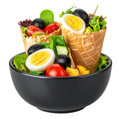 Niçoise Salad Cups on a black bowl isolated white background