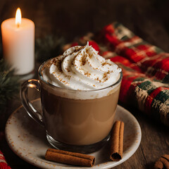  A cup of coffee topped with whipped cream and cinnamon beside a Christmas candle.