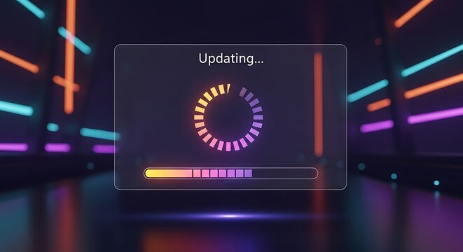 Updating software interface with loading bar in modern neon environment