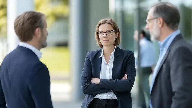 Professionals in business attire discuss and interact outdoors.