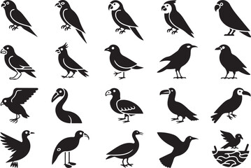 Assortment of bird silhouette icons Keywords: parrot, bird, crow, swan, flamingo, dove, eagle