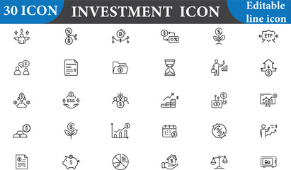 A comprehensive set of investment icons, perfect for illustrating financial concepts, business strategies, and economic trends. Ideal for presentations and websites. 