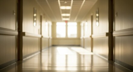 Obraz premium Blurred Empty Hospital Hallway with Bright Natural Light Coming Through Windows